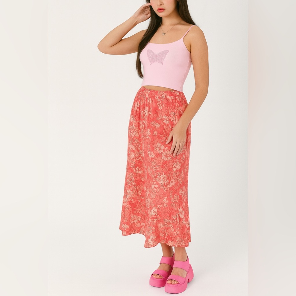 90's Vintage Blair Womens Long Pink Butterfly Maxi Skirt sz M Feminine Y2K Rayon